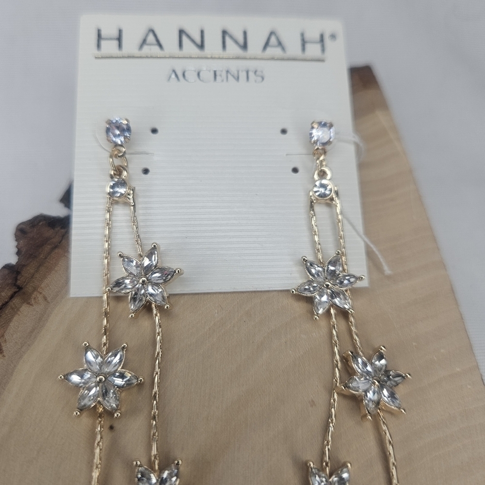 Hannah Accents Gold Tone Long Dangle Rhinestone Stars 4" NWT Celestial Earrings - Picture 4 of 6